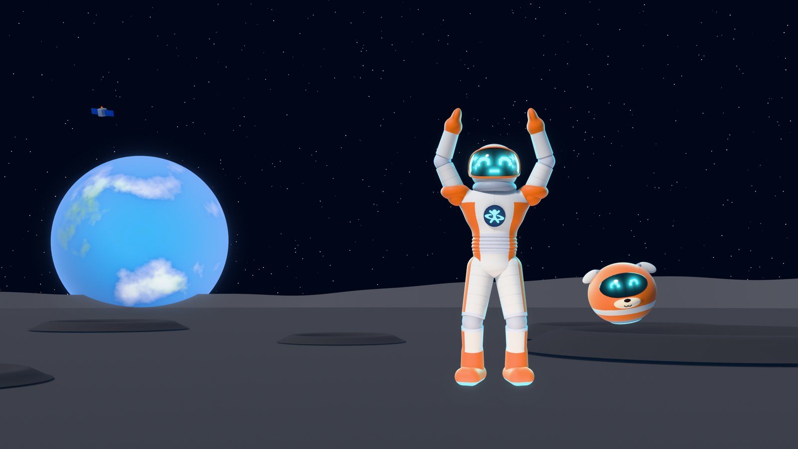 Stretchnaut blasting off with his arms up, next to his orange hover-pup, on the Moon with the Earth behind
